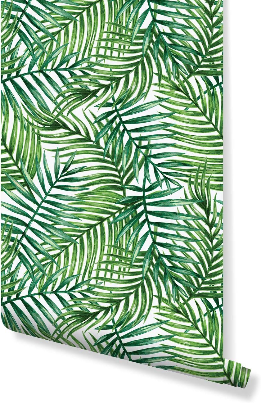 Temporary Self Adhesive Removable Wallpaper with Watercolor Green Tropical Palm Leaves, Great for Home Improvement Wall Decor CC162 (35" x 120")