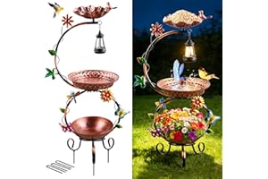 Metal Bird Bath for Outdoors, 3 in 1 Copper Birdbath Stand for Outside with Solar Lamp & Flower Planter Pedestal, Vintage Fre
