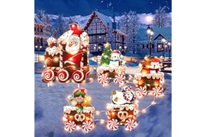 OUMUAMUA Christmas Train Decorations Yard Signs with LED Lights - Christmas Tree Snowman Train Set Lawn Signs with Stakes for Holiday Xmas Lawn Garden Yard Decorations Outdoor, 5 Pack