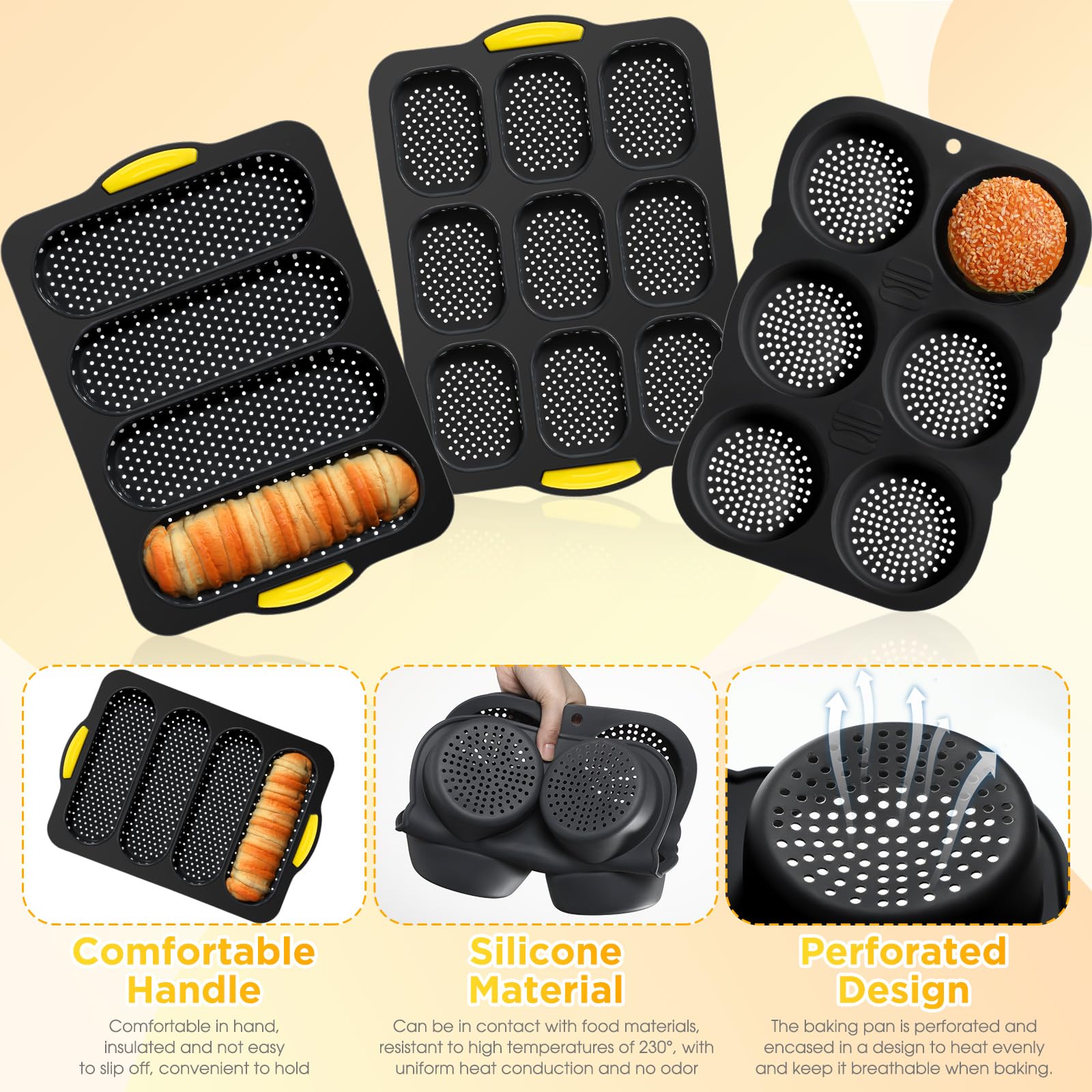 FillTouch Set of 5 Silicone Hamburger Bun Mold 4 6 9 Cup Hamburger Bun Pan with Spatula Brush Nonstick Pans for Baking Homemade Bread Loaf Sandwich Baking Tray, Fridge Dishwasher Microwave Safe