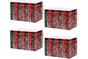 MZJU 4P Wavy Metallic Tinsel Foil Fringe Table Skirts for Rectangle Tables Backdrop Garland Curtains for Parade Floats Wedding Birthday Parties Decoration Halloween Christmas (Black Red)