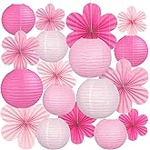 18Pcs Hanging Valentines Day Decorations for Ceiling, Hanging Paper Lanterns & Flower Fans (8"-14") for Girls Birthday, Baby Shower, Bridal, Wedding, Pink Party Decor