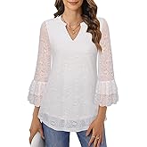 Womens Blouses Dressy Casual 3/4 Tiered Bell Sleeve Tops Double Layered Mesh V Neck Shirts