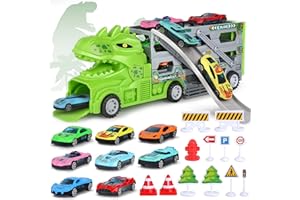 DREAMON Dinosaur Car Toys for 2 Year Old Boy, Tyrannosaurus Rex Truck Toys with 2 Race Track and 8 Small Cars for Ages 2-4, 24 Pcs Gift Toys for 3 Year Old Boys