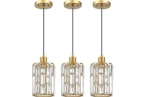 RAINLIGHTING Hanging Kitchen Island Modern Concise Crystal Pendant Ceiling Light Fixture,Crystal Metal Chandelier Shade for Bar,Dining Room,Living Room Over Sink (5.3" Gold 3 Pack)