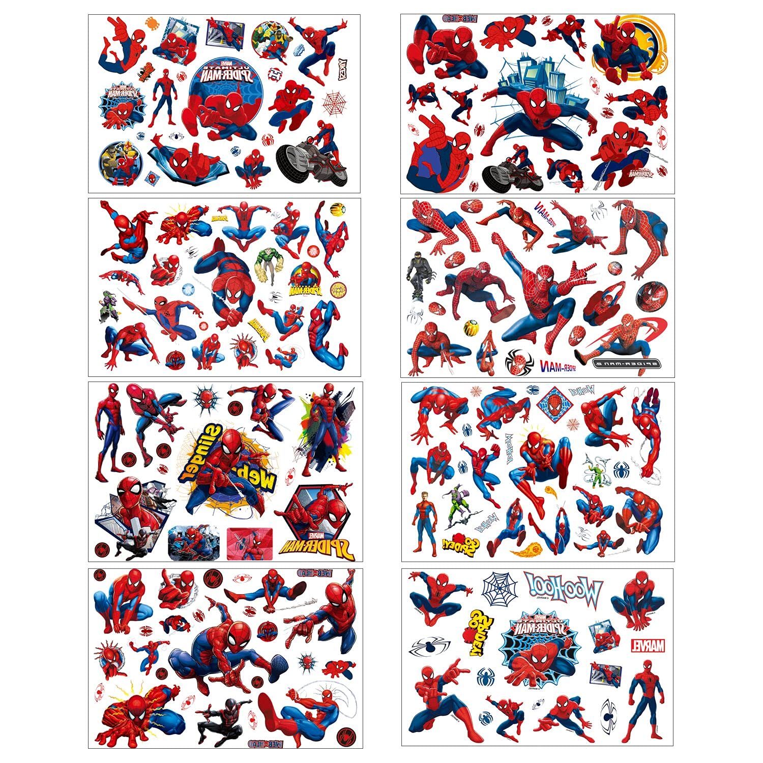 8 Sheets Spidder-Man Temporary Tattoo Set, 200+pcs Spiderman Fake Waterproof Temporary Tattoo Sticker for BoTeens Birthday Party Bags Fillers Favors Supplies Gifts