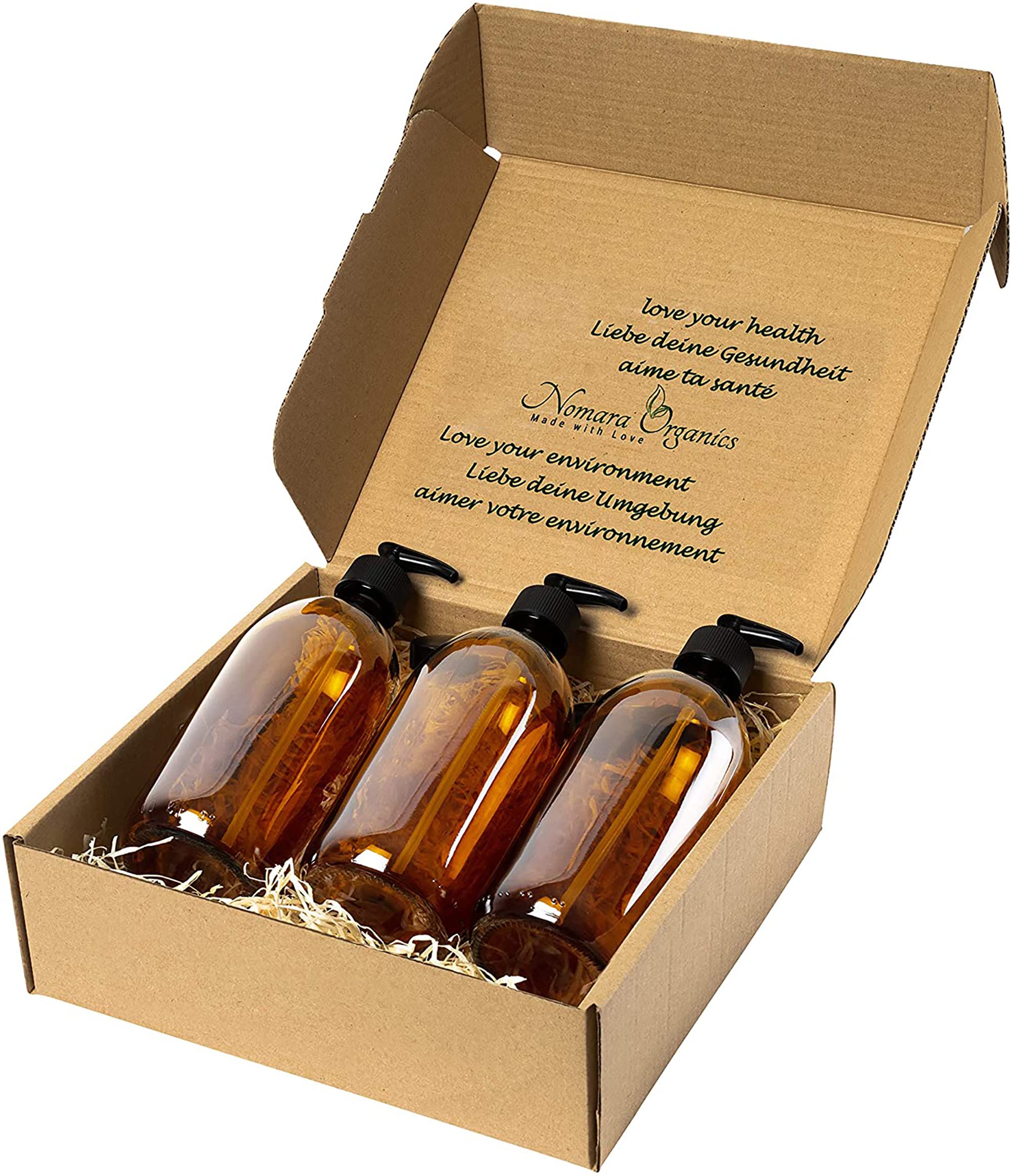 Nomara Organics Glass Soap Dispenser – 3 Pack 500mL Amber Bottles with Lockable Pumps, for Handwash, Facial Soap, Lotion, Conditioner, Washing-up, Gift Set, Refillable, BPA-free.