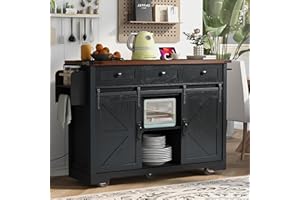 Hakf 53.7" Kitchen Island with Power Outlet, 2 Sliding Barn Door Kitchen Storage Island with Drop Leaf, Spice Rack Rolling Is