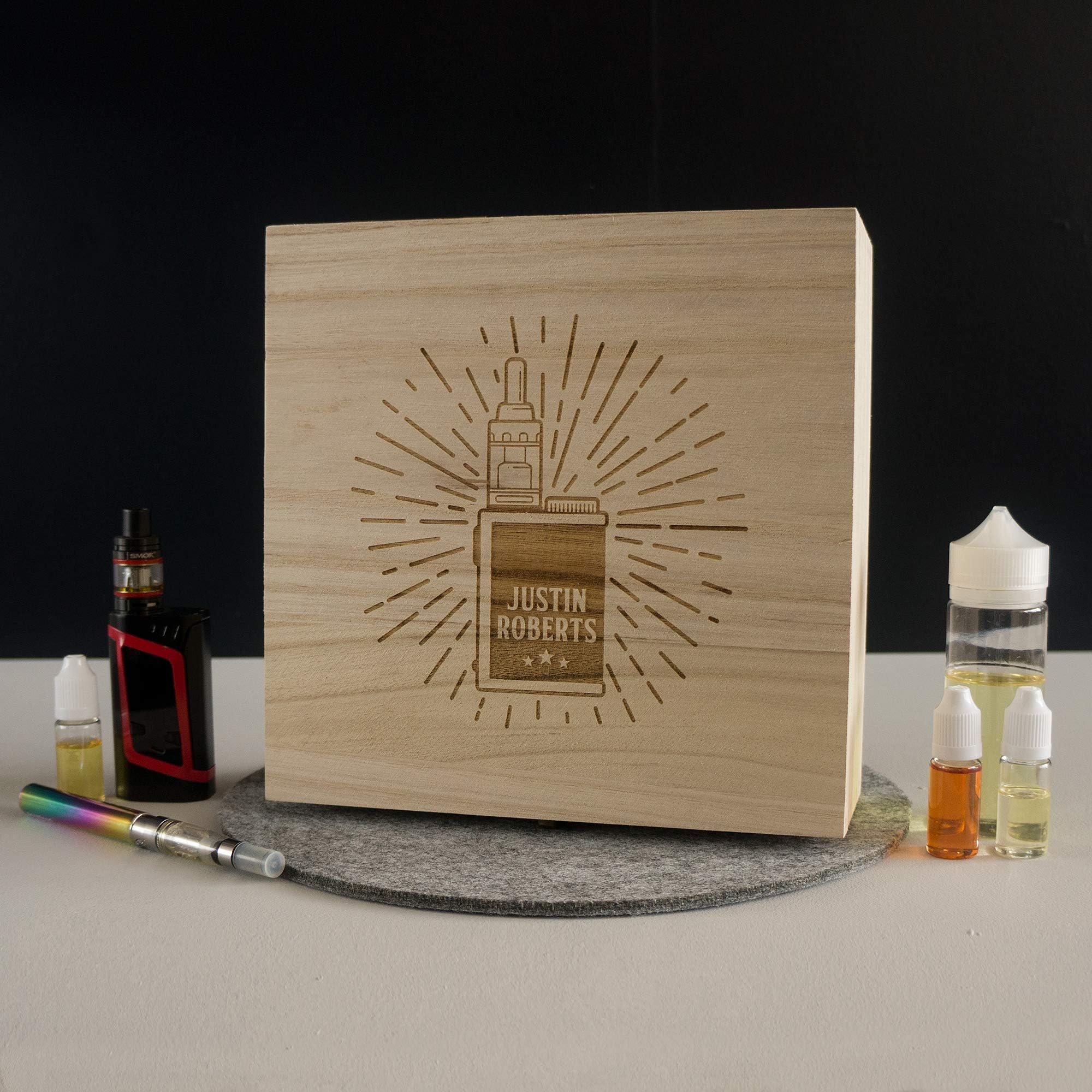 Personalised vape box. Custom made wooden vaping accessory box