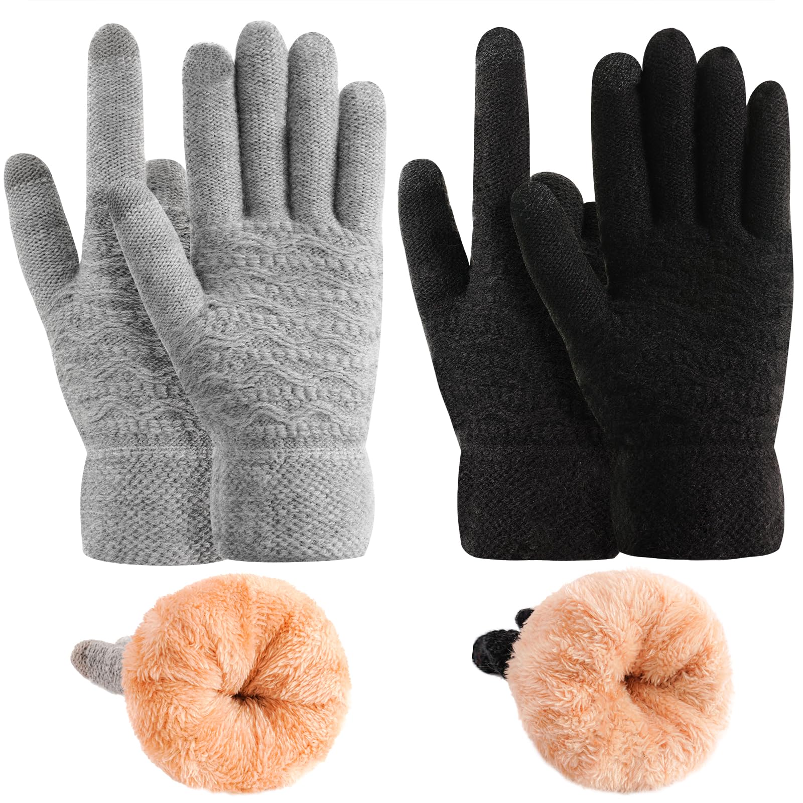 Photo 1 of FENELY Women's Winter Warm Touch Screen Gloves Womens Thermal Black Grey Cable Knit Wool Fleece Lined Touchscreen Texting Mittens for Cold Weather