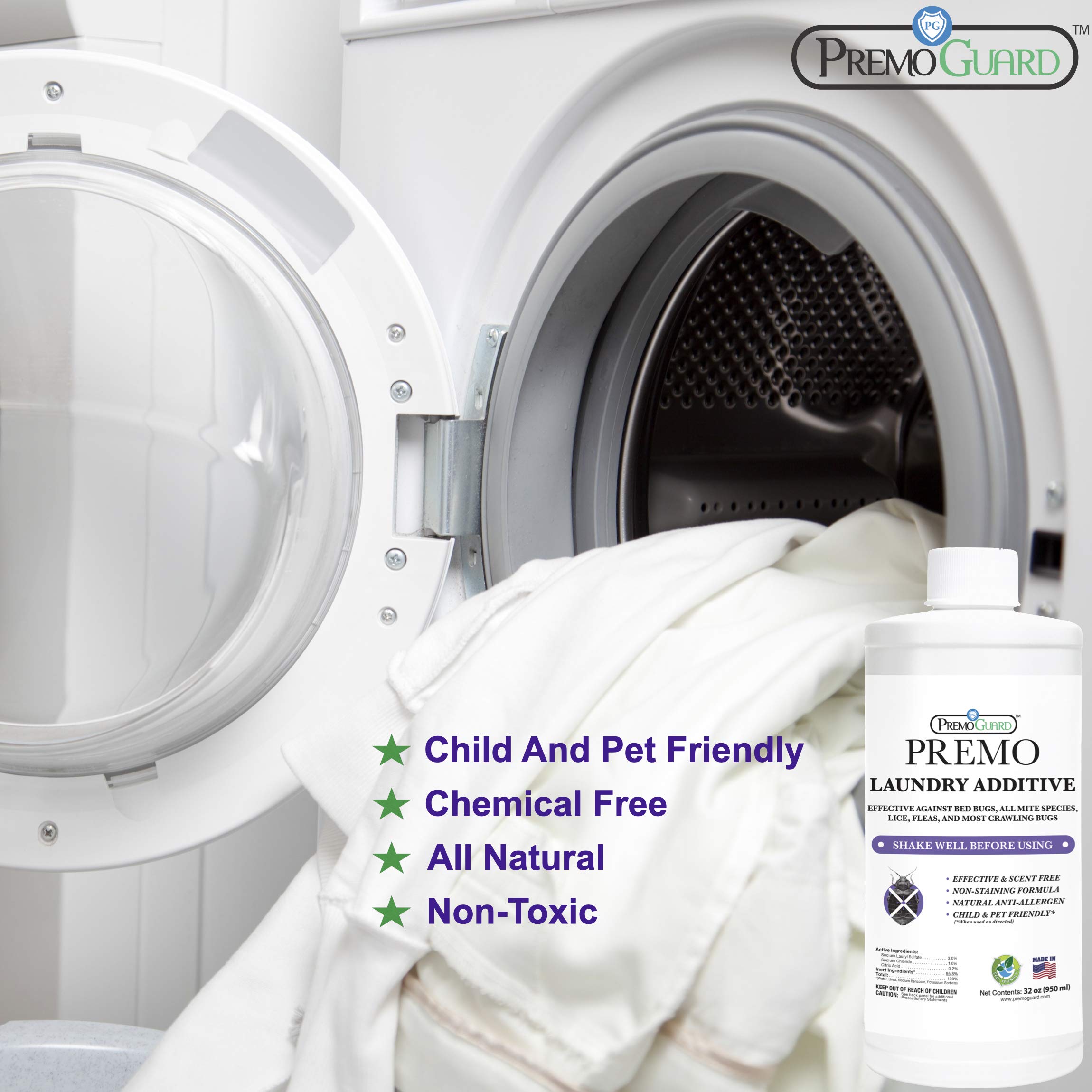Premo Guard Bed Bug & Mite Laundry Detergent Additive 32 oz – Child & Pet Friendly – Stain & Odor Free – Best Natural Non-Toxin Treatment