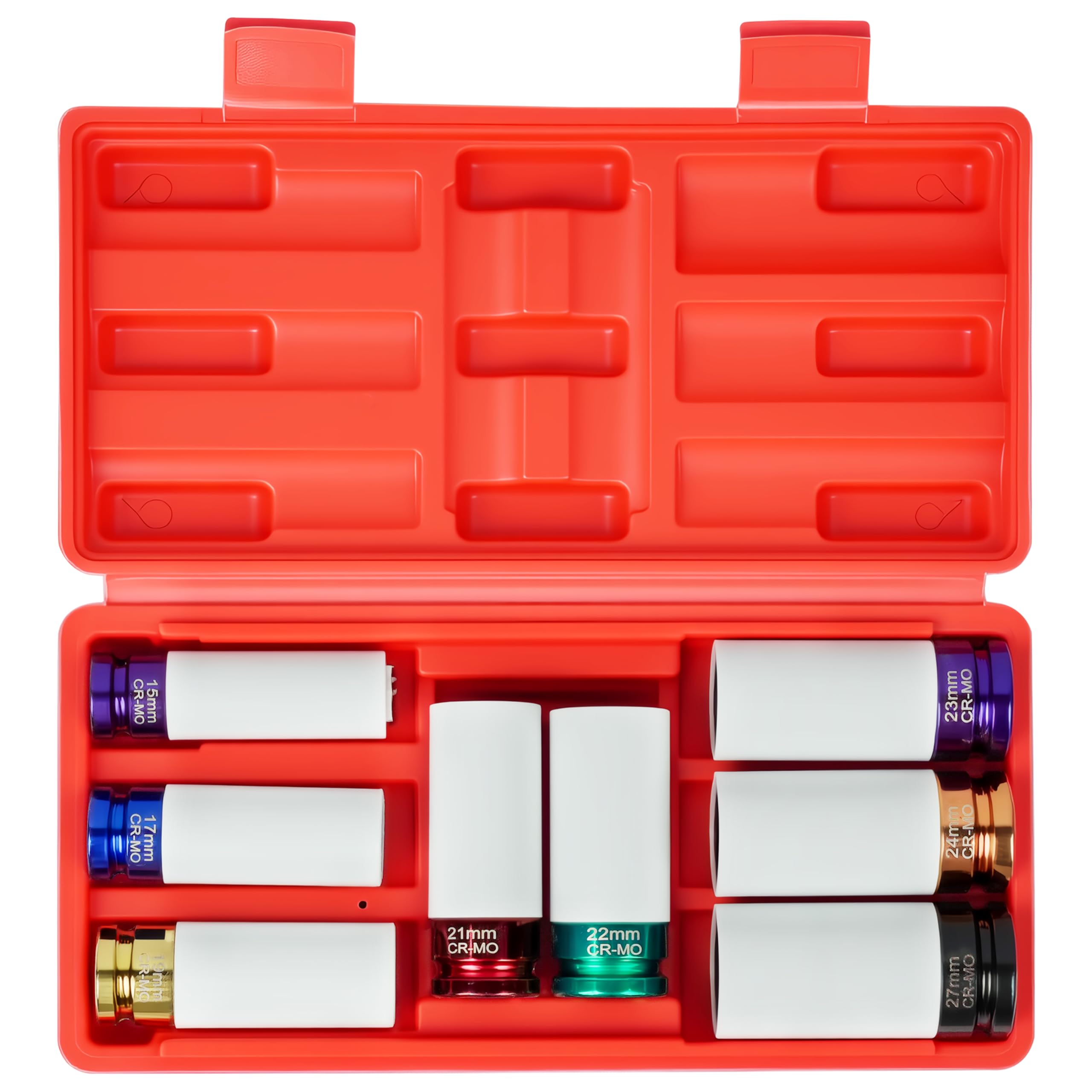 8pcs 1/2" Drive Wheel Protector Impact Socket Set, Extra Thin Wall, Rim Protect Sleeves, 6 Point, Metric,15mm,17mm,19mm,21mm,22mm,23mm,24mm,27mm