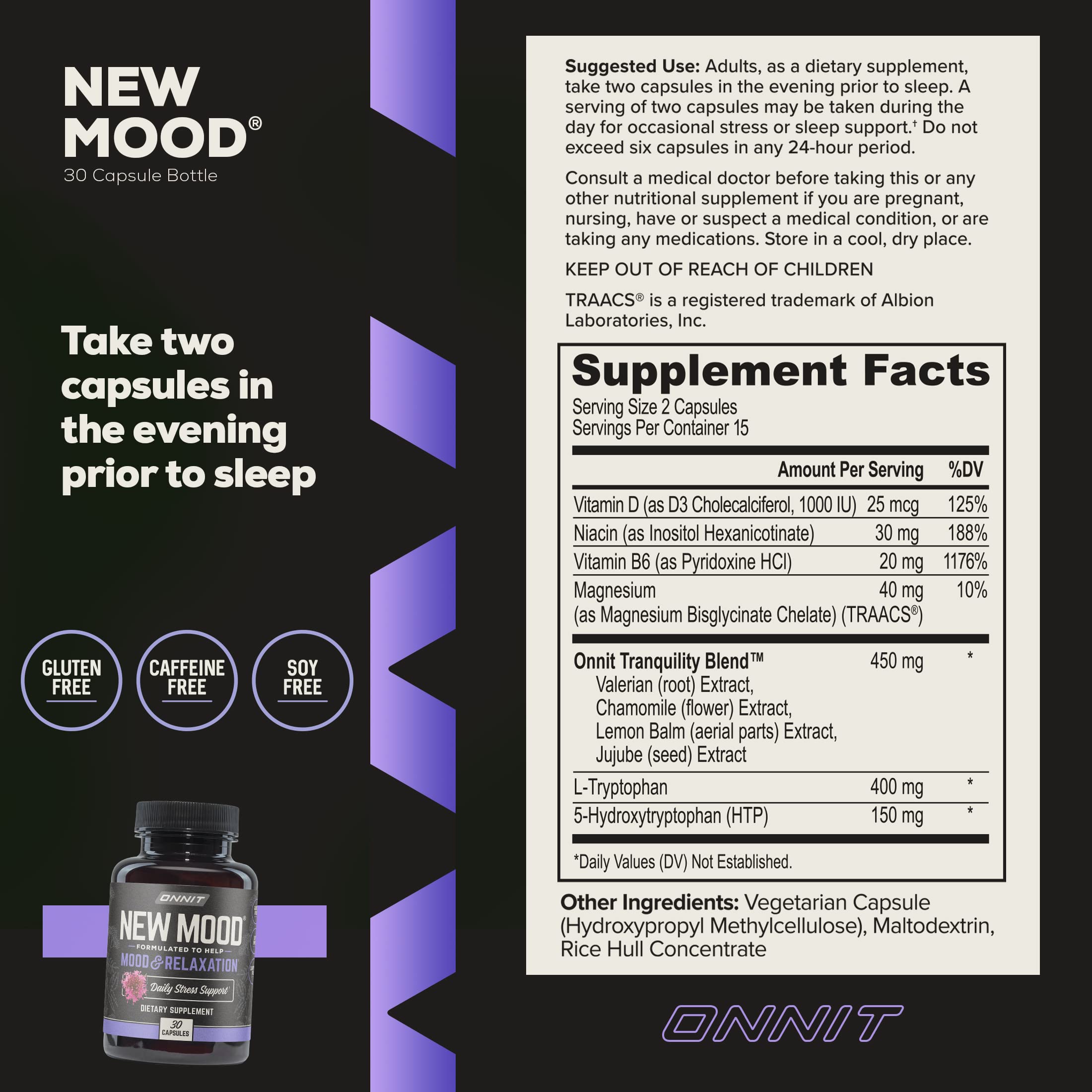ONNIT New Mood Daily Stress Support Capsules, Sleep and Mood Support Supplement for Men and Women, Daily Stress Management Capsules, 30 Count