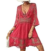 Bsubseach Women Lace Swimsuit Cover Up Bathing Suit Coverups V-Neck Swimwear Beach Vacation Dress