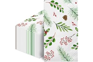 WUHUZSM 100 Christmas Disposable Paper Hand Towels, 3-Ply Holly Mistletoe Guest Towels for Holiday Bathroom & Party - Absorbent Guest Napkins for Xmas Dinner Kitchen Decor