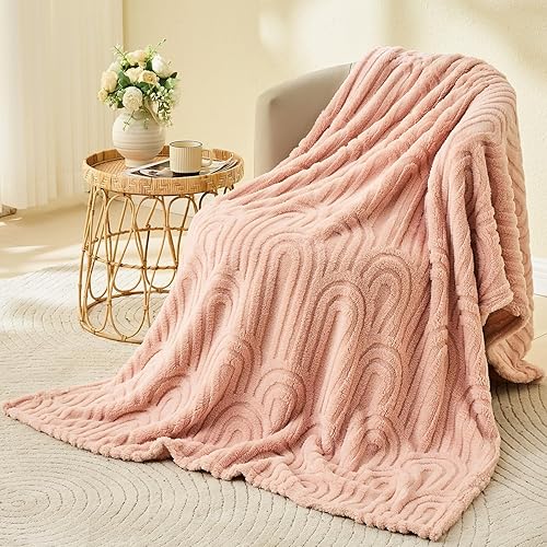 Wajade Fleece Throw Blanket, Fluffy Faux Fur Blanket for Bed Sofa Couch, Soft Warm Thick Blanket,Pink 127x178