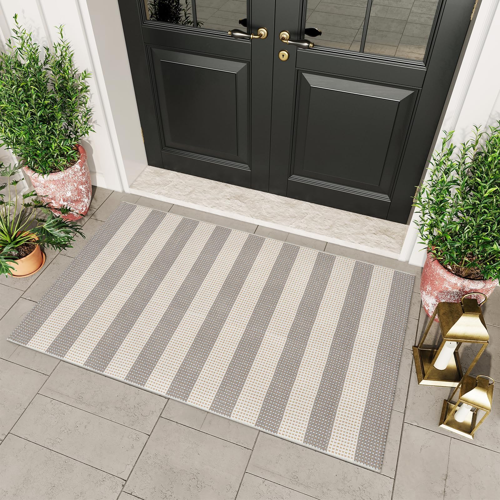 Photo 1 of OJIA Indoor Outdoor Rugs 3'x5', Washable Area Rug Entryway Rugs Indoor Front Door Mats Striped Porch Rug Cotton Small Floor Carpet for Entry/Patio/Deck/Balcony/Bedroom/Living Room (Gray/White/Tan)