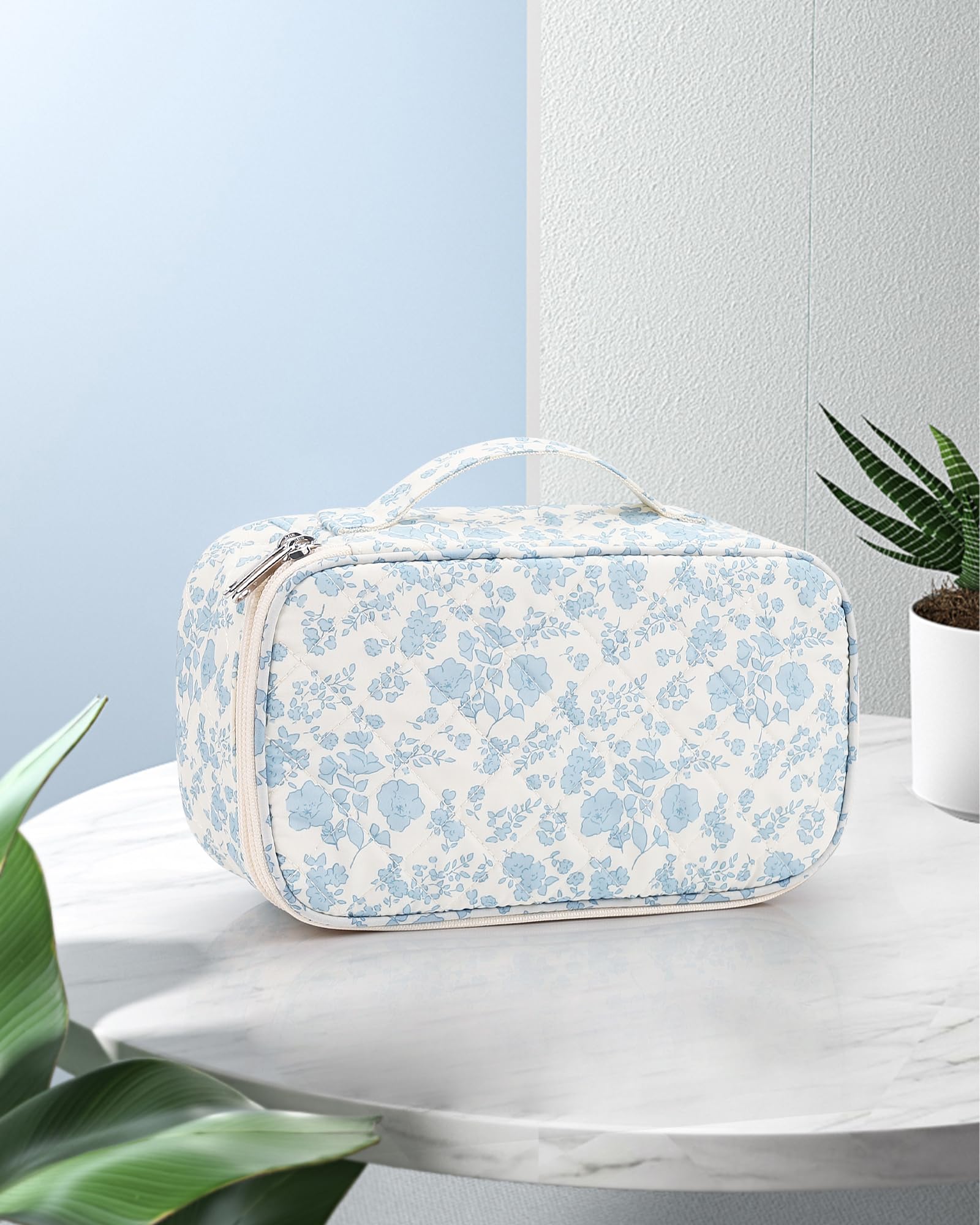 Relavel Travel Makeup Bag, Small Floral Cosmetic Bag with Makeup Brush Compartment, Portable Makeup Pouch for Women, Double Layer Makeup Organizer Bag Cute Toiletry Bag
