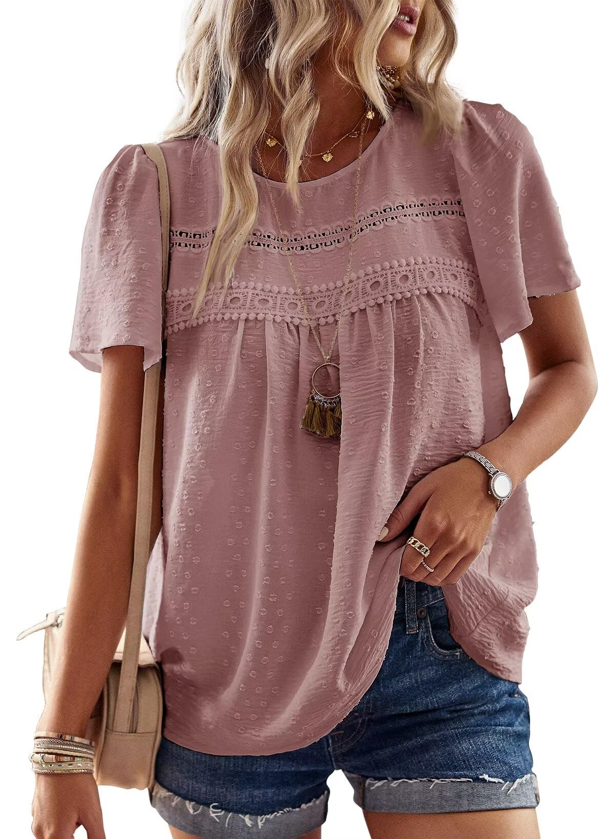 Falechay Pink Tops for Women Short Sleeve Fashion