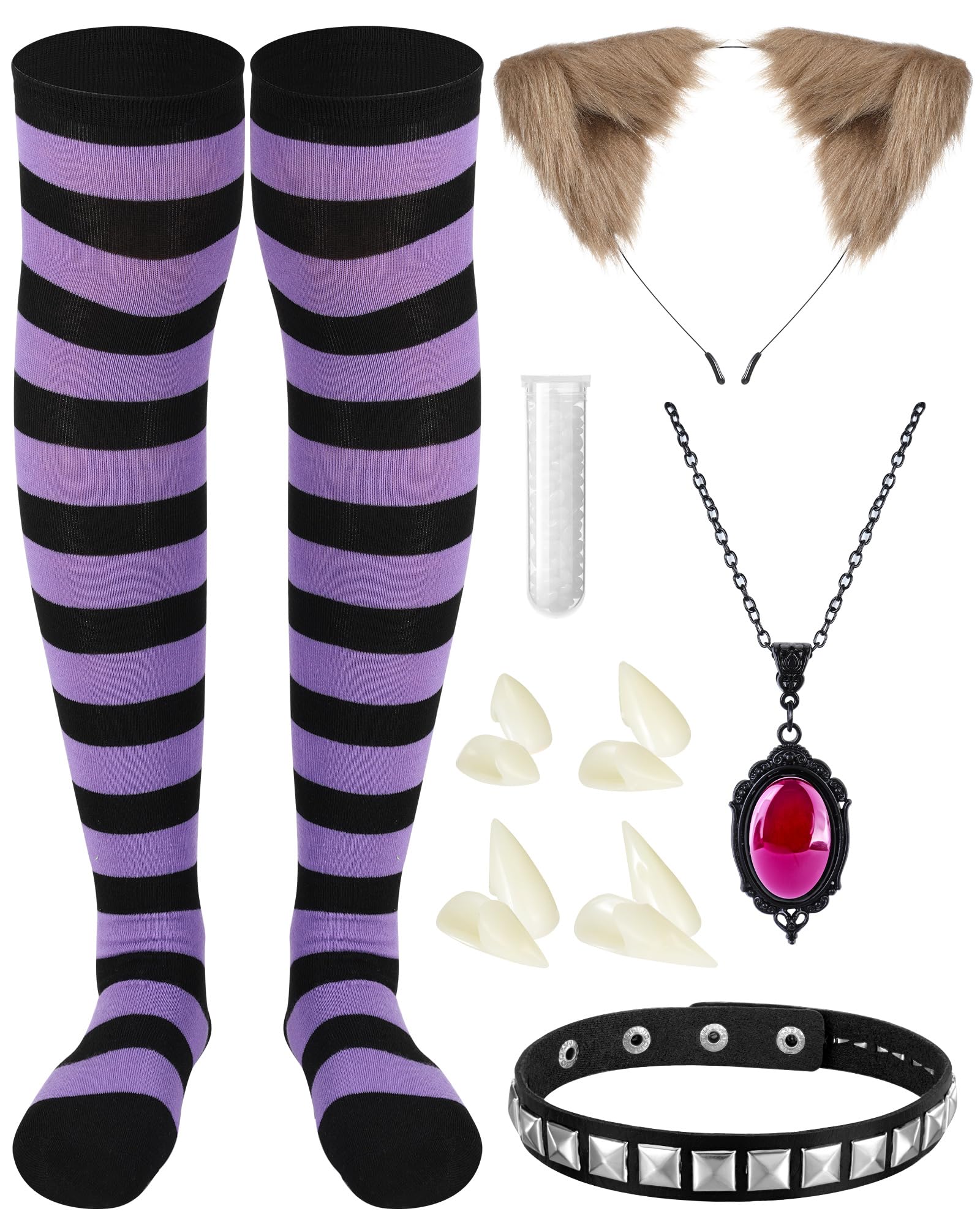 Photo 1 of (BAGGED) (USED/FAIR) Funnysoft 5 Pcs Halloween Wolf Costume Accessories Includes Wolf Ears Purple Striped Socks Crystal Necklace Leather Choker Vampire Fangs Fake Teeth for Women Adults Halloween Cosplay Party