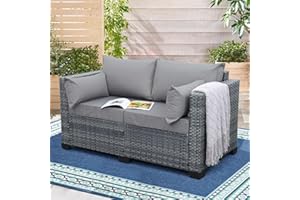 Lviden Outdoor Patio Loveseat Sofa, 2-Seater Small Couch, All Weather Wicker Love Seat Furniture with Grey Cushions, for Backyard, Garden, Porch, Deck, Balcony