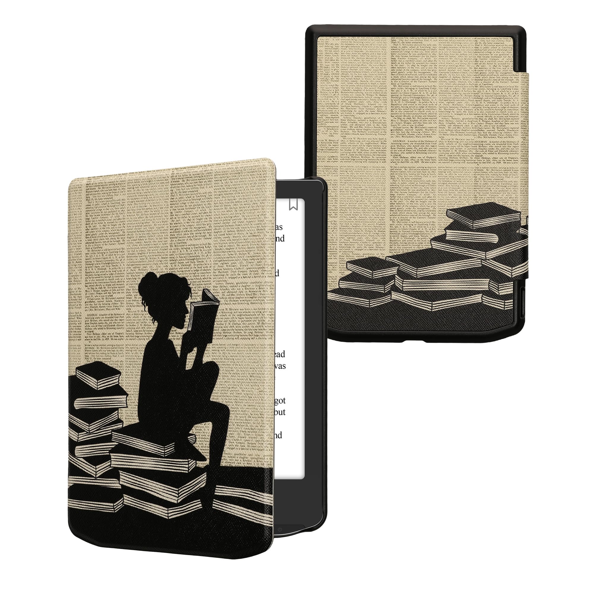kwmobile Case Compatible with Pocketbook Verse/Verse Pro/Verse Color/Vivlio Light/Light HD Case - eReader Cover - Girl and Books Black/Beige