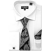 C. Allen Men's Solid Square Pattern Regular Fit French Cuffs Dress Shirts with Tie Hanky Cufflinks Combo