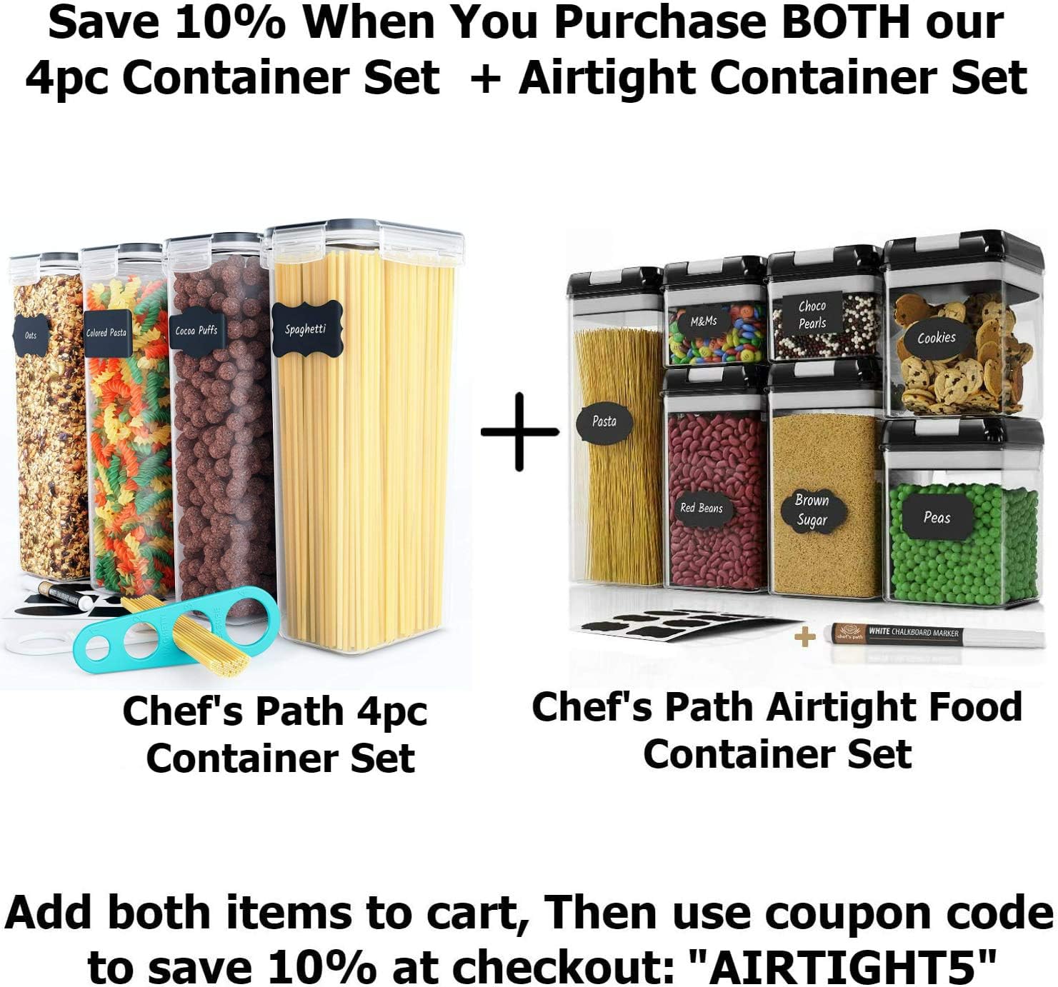 Chef's Path Airtight Tall Food Storage Container Set - Ideal for Spaghetti, Noodles & Pasta - 4 PC/All Same Size - Kitchen & Pantry Organization - Plastic Canisters with Durable Lids (Black): Kitchen & Dining