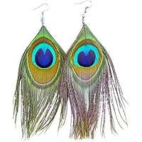 Natural Peacock Feather Earrings, Blue Green Feather Boho Chic