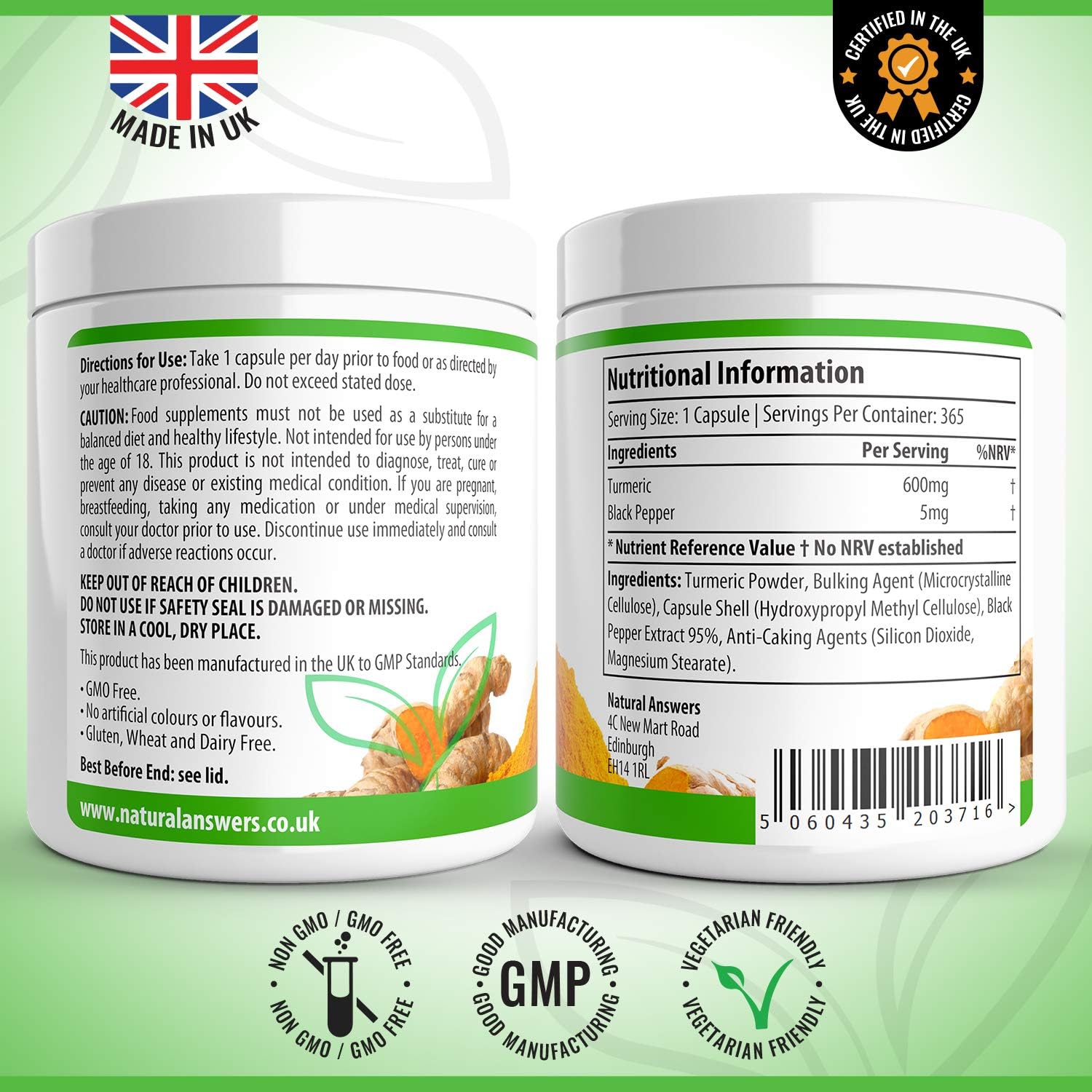 365 Turmeric & Black Pepper Capsules - High Strength Turmeric Capsules Turmeric Tablets 365 Vegetarian Capsules (1 Year Supply) – Vegetarian Supplement Made in The UK by Natural Answers - Image 3