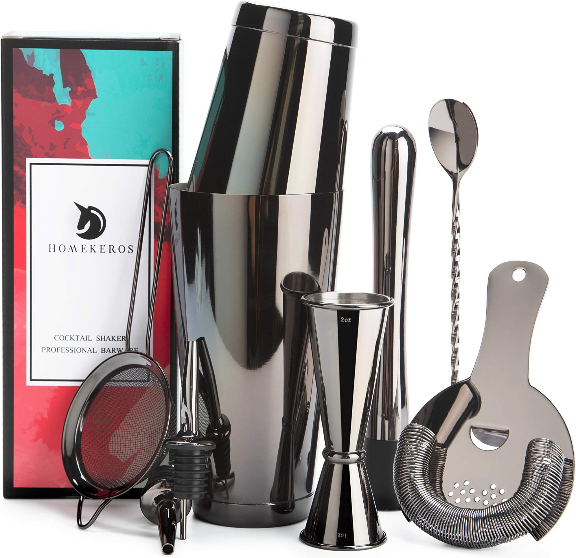 Boston Cocktail Shaker Set Bartender kit Black 9 Pcs Bar Set, 18oz&28oz Weighted Boston Shaker Tins, Cocktail Strainer Set, Double Jigger, Drink Muddler, Mixing Spoon and 2 Liquor Pourers