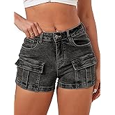 ELLEVEN High-Stretch Women's Cargo Jean Shorts, Trendy High-Waisted Cotton Denim Mini Shorts with 5 Pockets