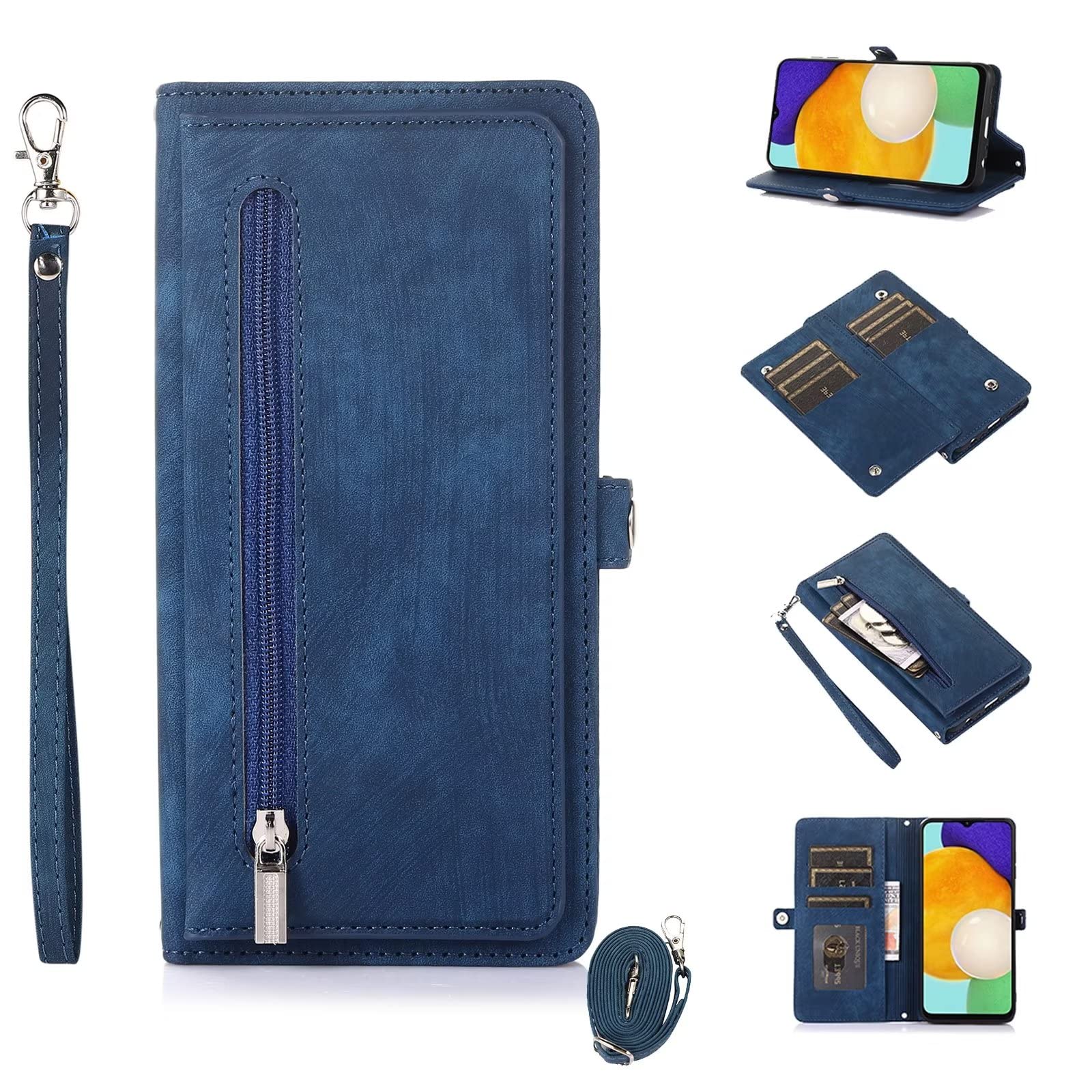 ESONG Case for Xiaomi Redmi Note 12 Pro+,Premium Leather Flip Zipper Wallet Cover with[9 Card Slots][Magnetic Closure][Wrist Strap][Kickstand]Full Body Protection Crossbody Phone Case,blue