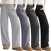 Sweetyweee 4 Pack Womens Wide Leg Sweatpants Elastic Waist Lounge Baggy Pants Straight Leg Soft Casual Joggers with Pockets