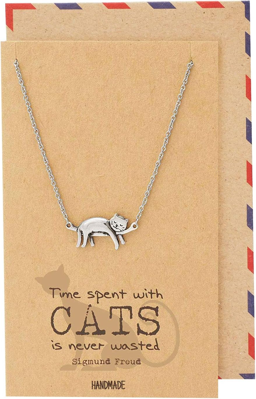 Quan Jewelry Cat Necklace with Kitty Charm - Stainless Steel Everyday Wear for Women - Pet Memorial & Loss Jewelry - Includes Handmade Greeting Card