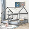 SOFTSEA Twin Size Double Bed Frame for Kids, Side by Side Platform Bed, 2 Twin House Shared Bed for Kids, No Box Spring Needed, Easy Assembly, Gray