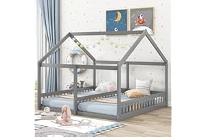 P PURLOVE Double Twin Bed for 2 Kids,Double Twin Size Shared Bed with Fence Railings,Two Twin Floor Bed Frame with Roof or Kids,Teens,Boys & Girls,Gray
