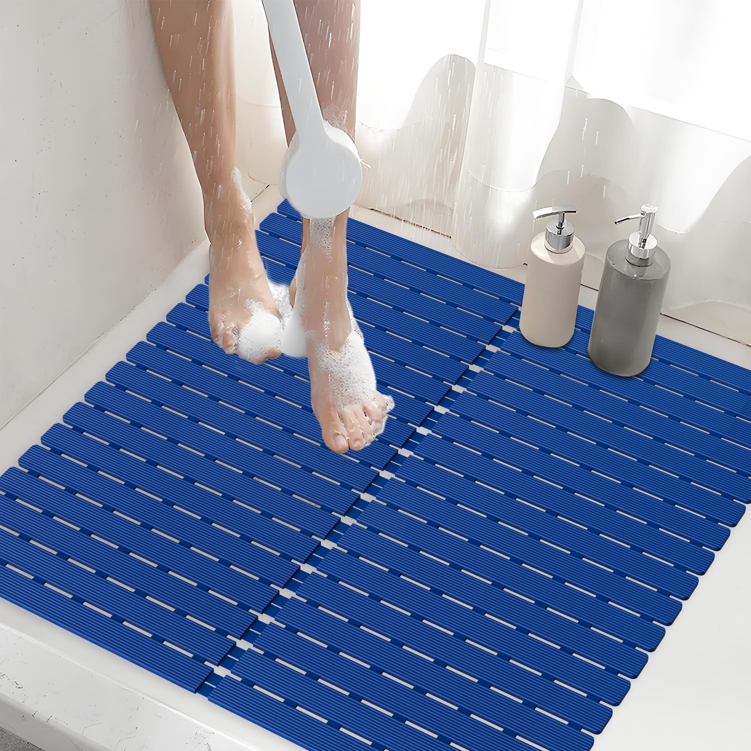 Photo 1 of ?Shower Mat Non-Slip Bath Mat for Tub and Shower Stall,200+ Suction Cups with Drain Holes, Quick Dry Machine Washable, Extra Grip for Elderly and Baby, Bathroom Essentials 24x24 Inch (Blue)