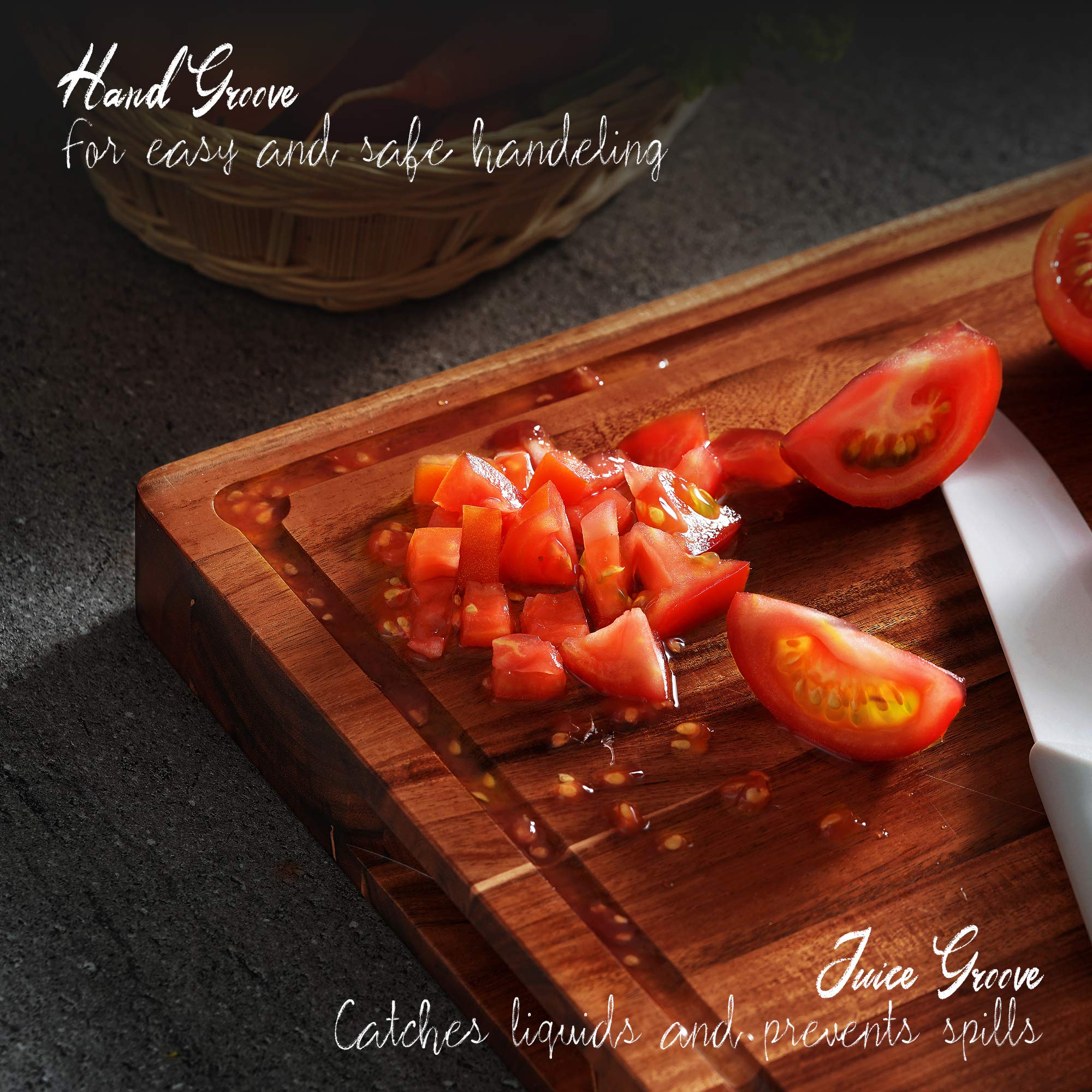 Acacia Wood Cutting Board (16x12x1.5in) and Wooden Butcher Block, Chopping Board - Reversible Multipurpose For Meat, Cheese Board, Vegetables, Bread...with Juice Groove, Cracker Holder & Inner Handles