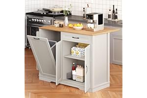 YITAHOME 50 Inch Rolling Kitchen Island with Trash Can Storage Cabinet & Drop Leaf, Portable Mobile Islands Table Long Floating Movable w Wheels Drawer Cabinet for 13 Gallon Garbage Bin, Off White