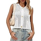 Saodimallsu Womens Crochet Sweater Vest Button Down Sleeveless Crew Neck Boho Knit Crop Tank Tops Summer Cardigans