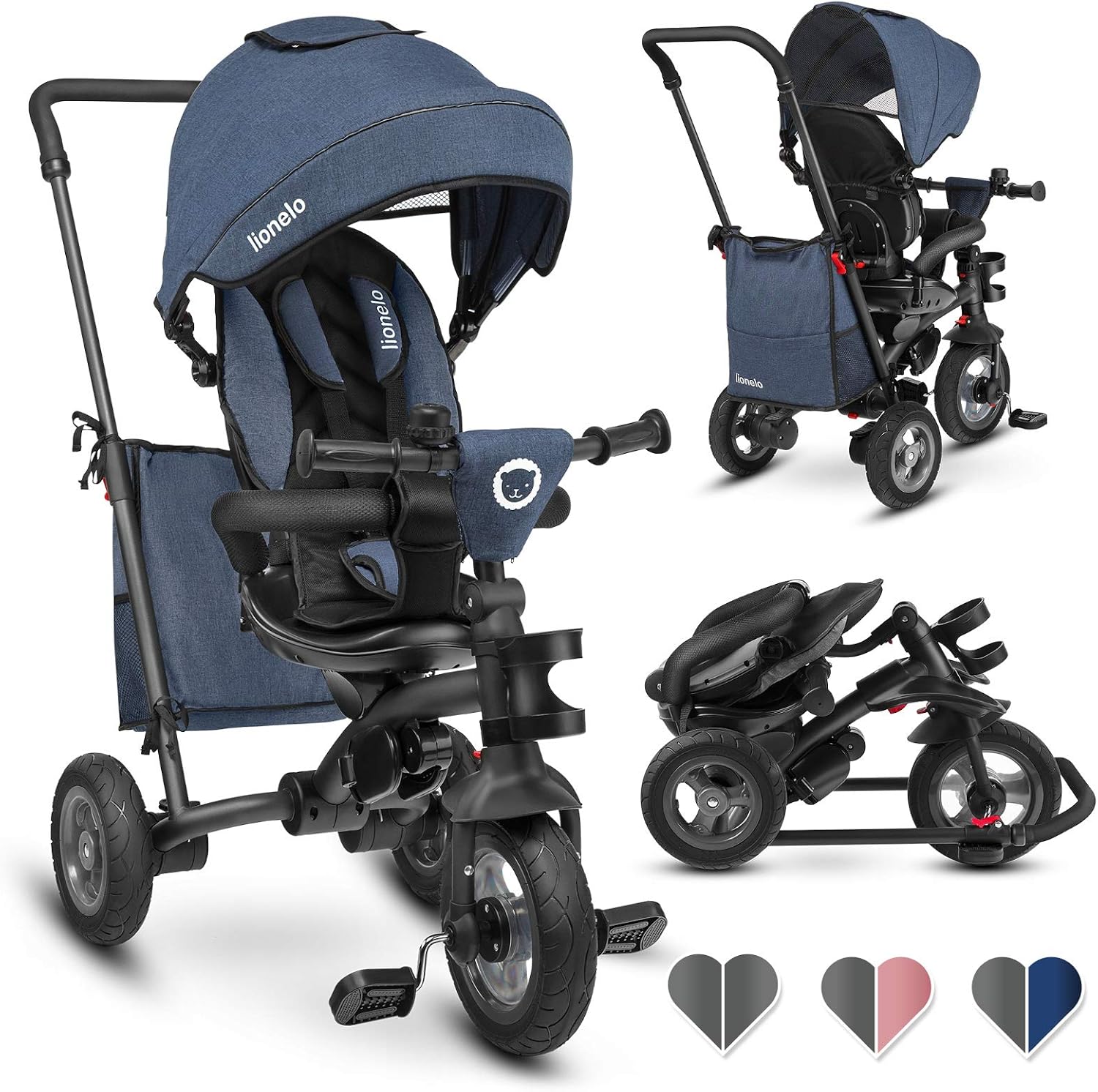 Lionelo Tris Dreirad ab 1 Jahr mit lenkbarer Schubstange Kinderwagen Klappbar Laufrad Kinder Fahrrad Zubehör flüsterleisen Gummireifen Kinderdreirad für Jungen und Mädchen Schieber (Jeans)