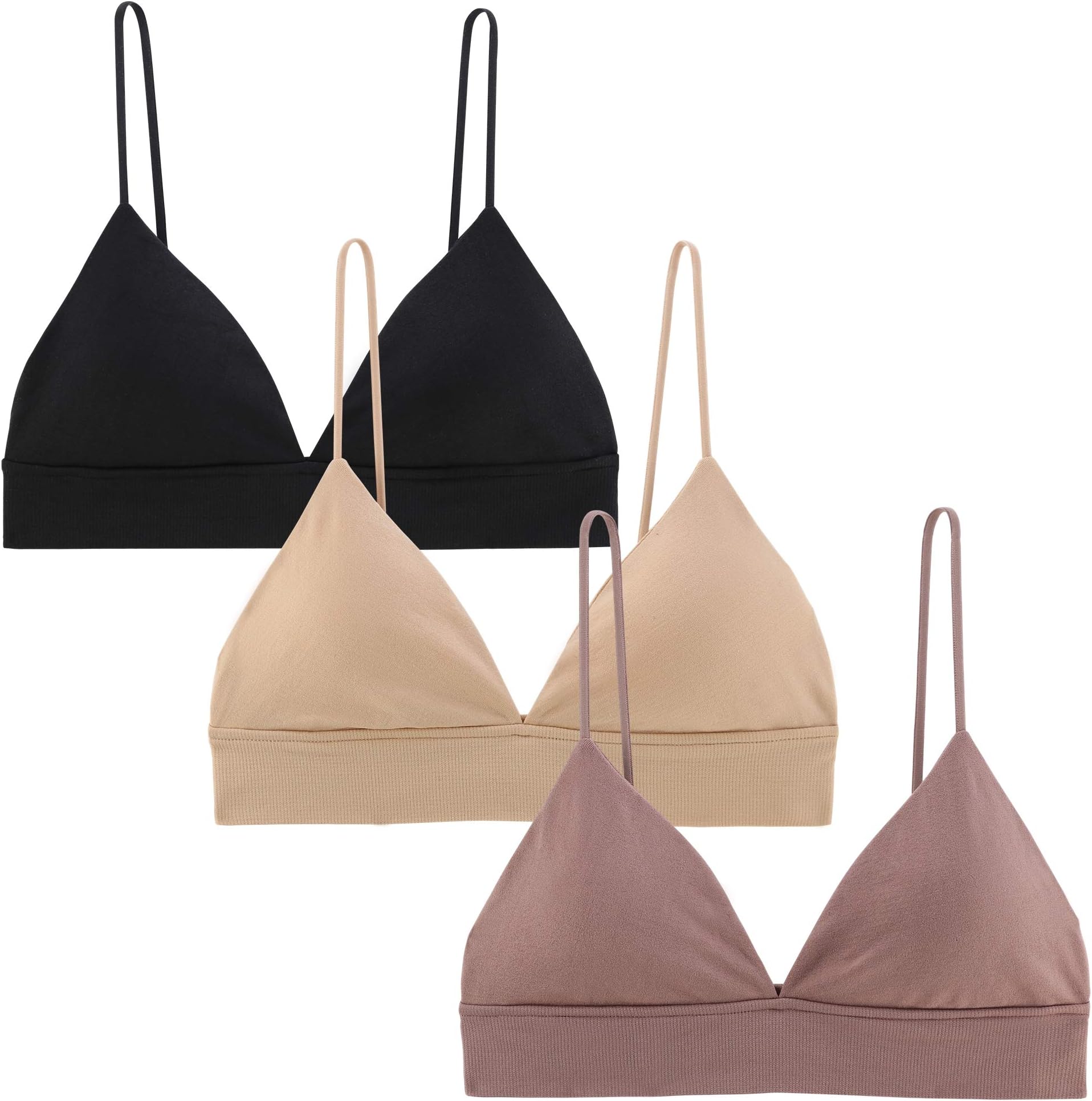 INIBUD Bralette for Women Triangle Cups Removable Padded Wire Free Pull On Closure (3 Pack Black&Brown Sugar& Wheat, L)