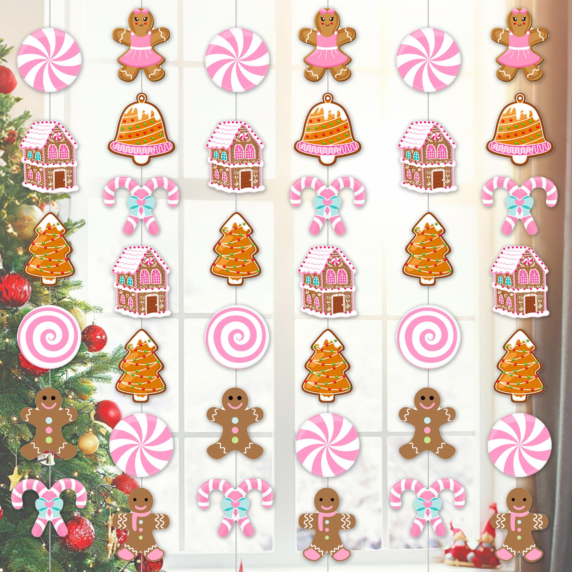 Photo 1 of 8pcs Christmas Gingerbread Hanging Garlands Gingerbread Man Candy Xmas Tree Theme Party Decorations for Girls Pink Xmas Party Room Wall Decors for Christmas Winter Holiday Party Supplies
