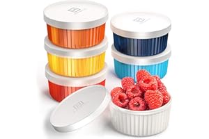 Hatrigo Porcelain Ramekins with Silicone Storage Lids, Set of 6 Assorted Colors, Ramekins 4 oz Oven Safe, 450 deg F, Dishwasher Safe