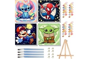 Sretoul 4 Pack Cartoon Paint by Numbers Kit for Kids with Frame - Wooden Easel, Cute Kids Paint by Numbers Ages 4 8 12, DIY Acrylic Oil Painting for Home Wall Decor (8x8 inch)