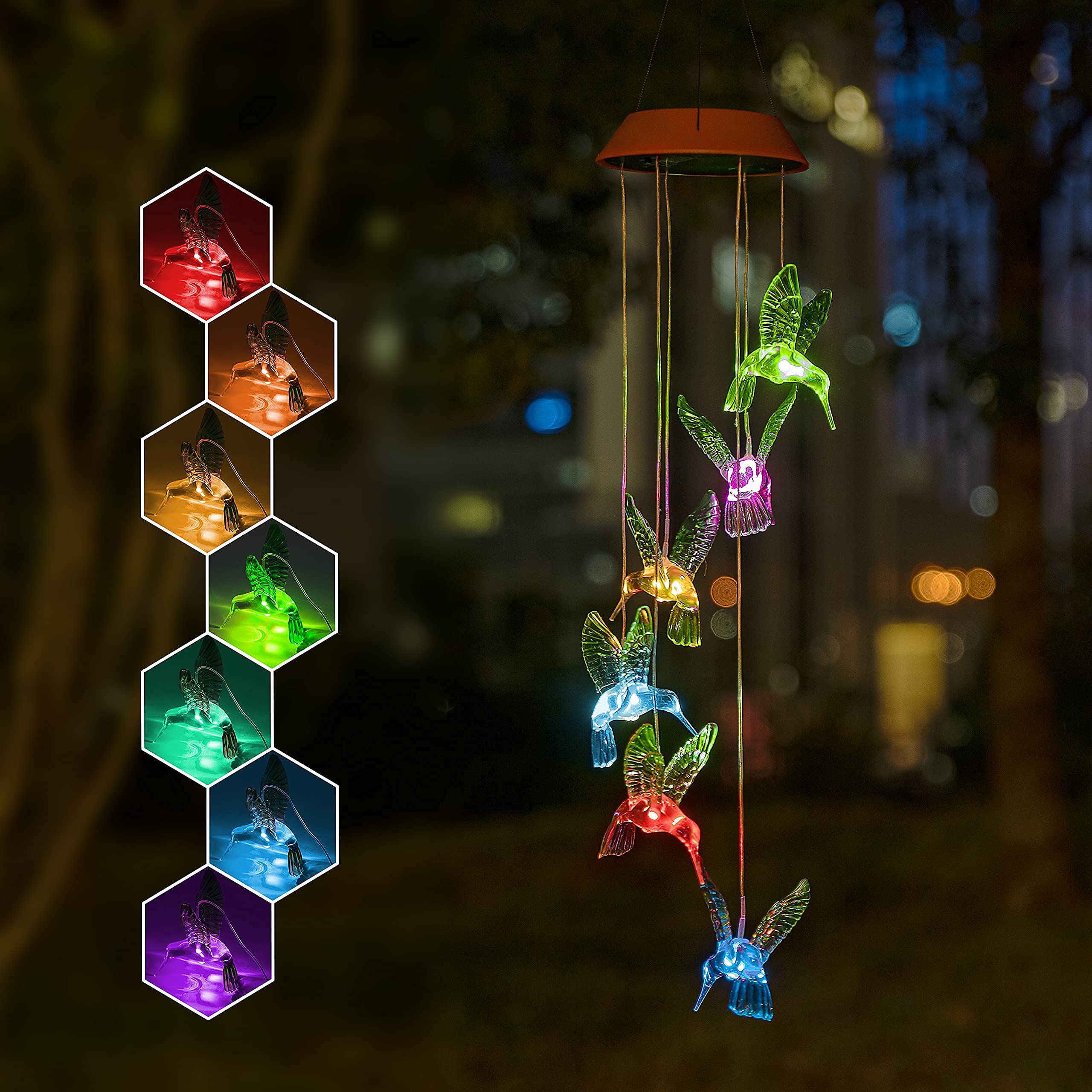 Solpex Solar Hummingbird Wind Chimes, Solar-Powered, Mobile, Hanging, Patio Lights with 6 Vivid Hummingbirds，Multi-Color Changing LED Garden Decoration As Gift for Family and Friends