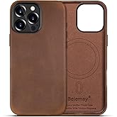 Belemay Leather Case for iPhone 16 Pro, Compatible with MagSafe [Camera Control Button] [Vintage Aesthetic] Premium Crazy Horse Leather, Unique Patina, Comfort Grip, Metal Buttons (6.3") Classic Brown