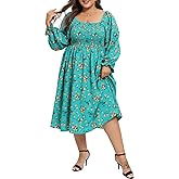 Purple Pocket Plus Size Dresses for Curvy Women Fall Long Sleeve Boho Square Neck Flowy Cocktail Party Maxi Dress