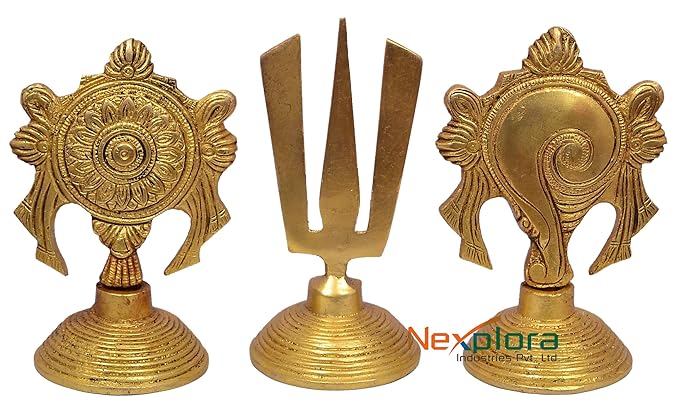 Nexplora Industries Brass Statue Sankha Chakra Naama in A Set Tirupati Bala Ji Religious Symbols of Lord Vishnu